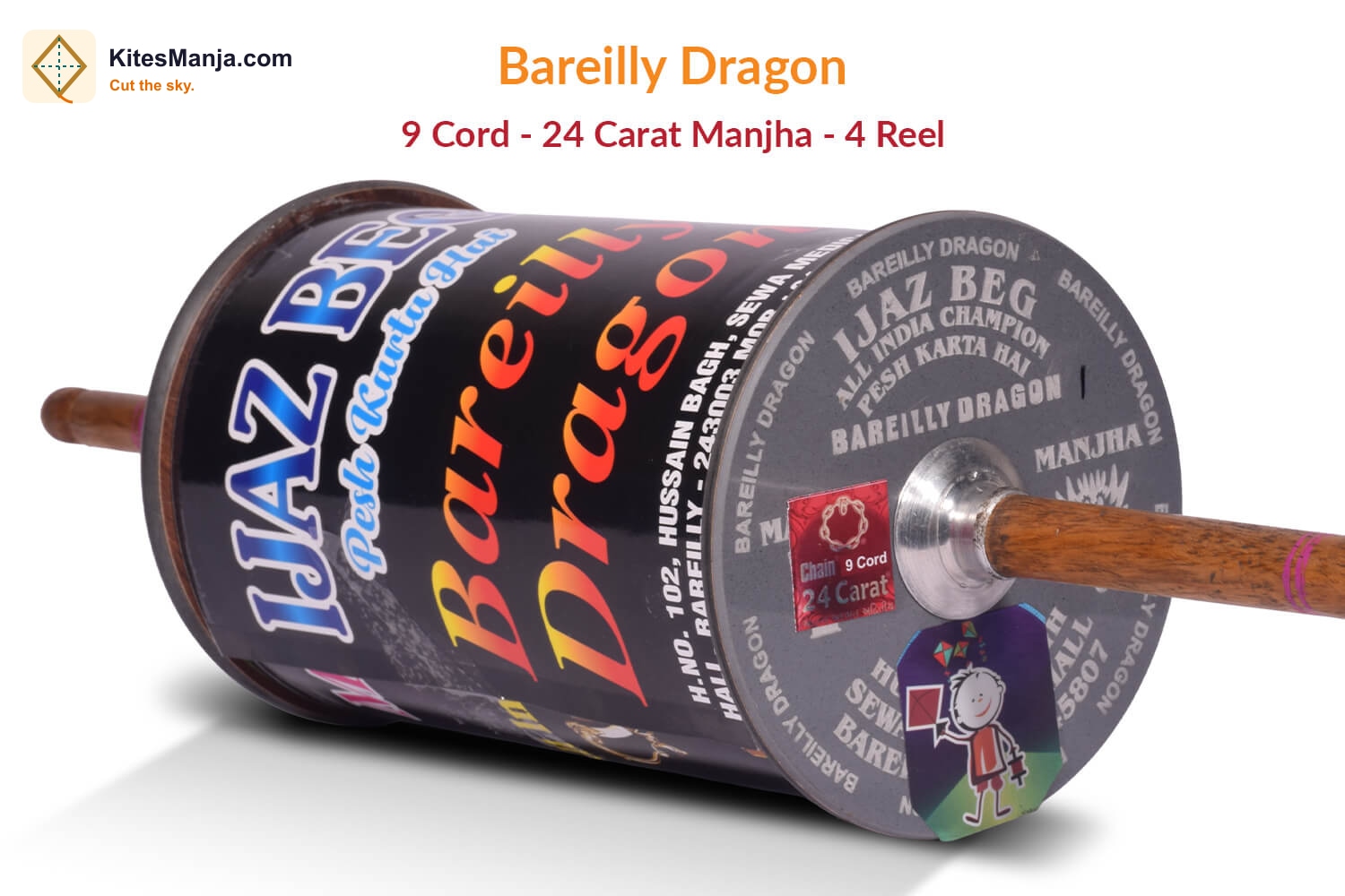 Exclusive Original Bareilly Dragon 9 Cord 24 Carat Manjha (4 Reel) by Ijaz Beg